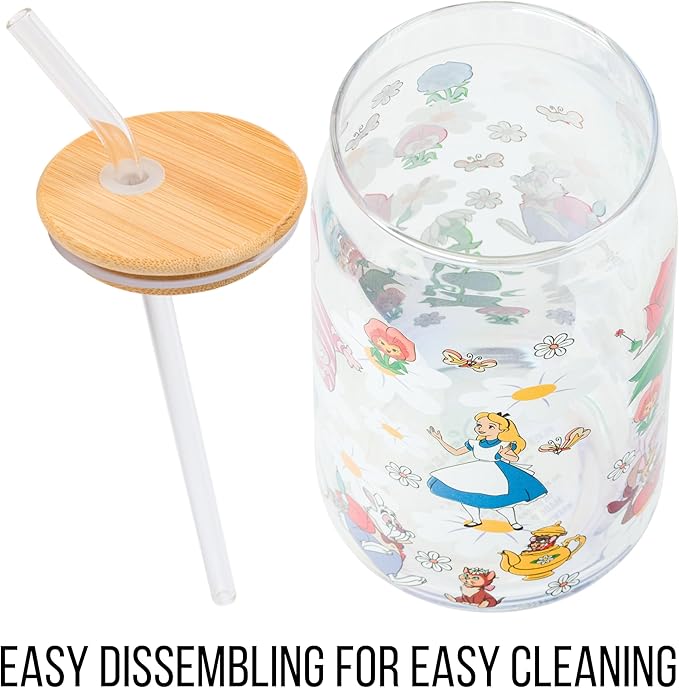 Silver Buffalo Disney Alice in Wonderland Wild Flower Glass Tumbler with Bamboo Lid and Glass Straw Featuring Alice, White Rabbit, Cheshire Cat, Dinah, Dormouse, and March Hare, 16 Ounces