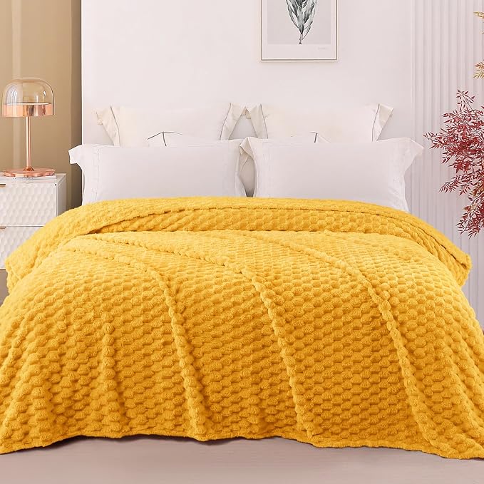 Exclusivo Mezcla 3D Fleece Queen Size Blanket for Bed, Mustard Yellow | Extra Soft Fuzzy Plush Lightweight Bed Blankets, Cozy Fluffy Decorative Blankets for All Seasons, 90x90 Inches