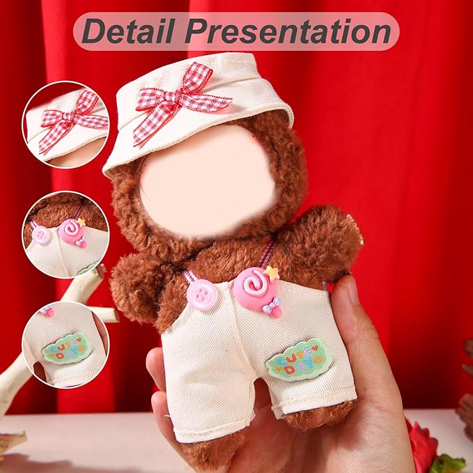 17cm Doll Clothes Set (No Doll) – Outfit with Hat & Overalls, Handmade Accessories for Mini Dolls, OB11-Compatible Dress-Up Gift (Pink Knot)