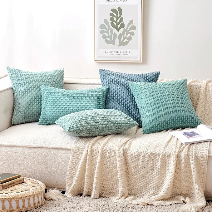 MIULEE Decorative Throw Pillow Covers 18x18 Turquoise Textured Corduroy | Pack of 2 Striped Pillow Covers Modern Farmhouse Home Decor for Couch Bed Sofa Living Room
