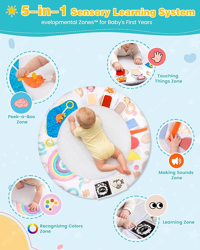Montessori Baby Play Gym & Activity Mat for Brain Development (0-12Mo) | 5-Sensory Zones + 5 Toys |Portability Tummy Time Activity Mat Stage-Based for Newborn Brain Development Essential & Gift-Ready