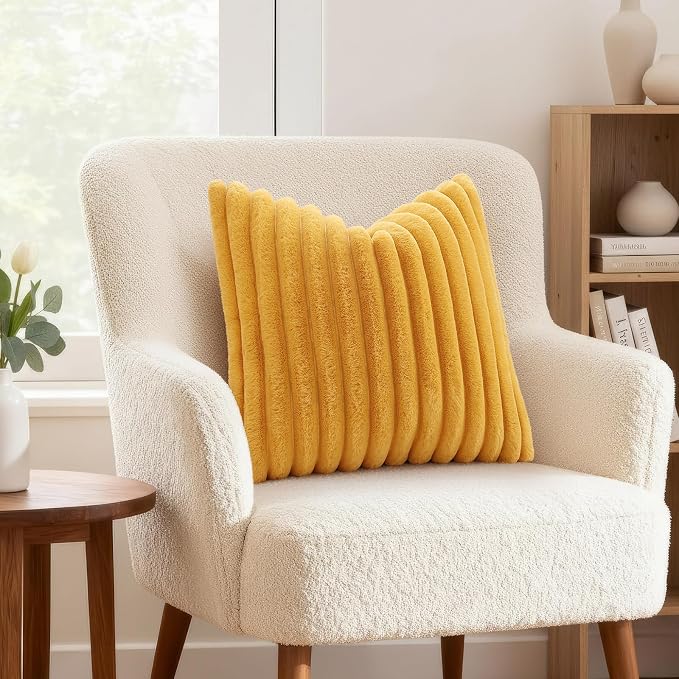 decorUhome Fall Faux Fur Throw Pillow Covers 18x18 Set of 2 Mustard Yellow | Decorative Soft Cozy Striped Plush Modern Farmhouse Boho Couch Pillow Cases Velvet Back for Sofa Bed Living Room Home Decor