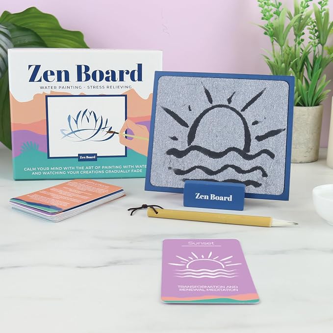 Gift Republic Zen Board Mindfulness Water Painting Set Wooden Painting Board, Stand, Ceramic Bowl, Brush & 20 Mindfulness Cards Stress Relief Self-Care Gift for Relaxation & Wellness