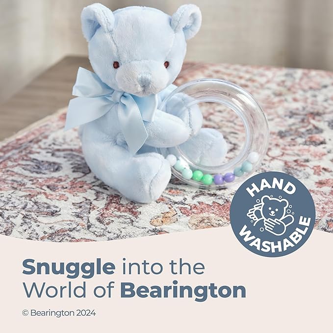 Bearington Collection Baby Polky Blue Plush Stuffed Animal Teddy Bear Shaker Toy Ring Rattle, 5" - Baby Boy Toys - Newborn Stuffed Animal