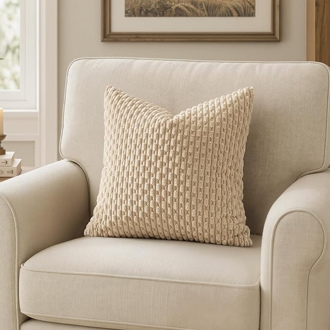 MIULEE Decorative Throw Pillow Covers 16x16 Beige Textured Corduroy | Pack of 2 Striped Pillow Covers Modern Farmhouse Home Decor for Couch Bed Sofa Living Room