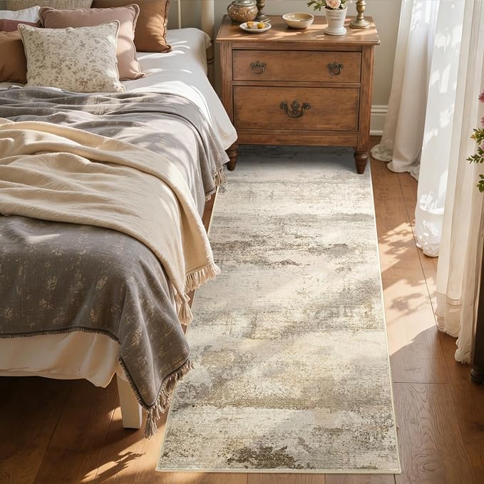 2x6 Ft Washable Runner Rug, Non-Slip Low Pile Hallway Kitchen Area Rug, Soft Abstract Long Entryway Floor Mat Print Pattern Carpet for Bedside & High-Traffic Areas (Pink-Brown/Light tan)