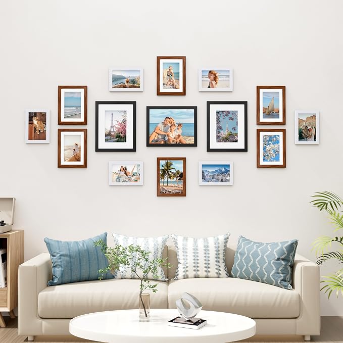 Vittanly 15 Pack Gallery Wall Frame Set, Black, Walnut Brown, White | Picture Frames Collage Wall Decor: 3pcs 8x10, 6pcs 5x7, 6pcs 4x6. Picture Frame Set for Wall or Tabletop Display