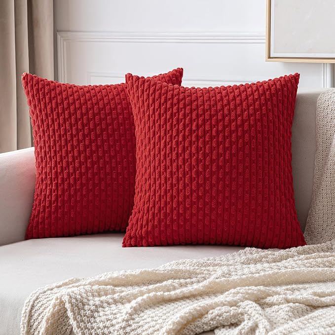 MIULEE Decorative Throw Pillow Covers 18x18 Red Textured Corduroy | Pack of 2 Striped Pillow Covers Modern Farmhouse Home Decor for Couch Bed Sofa Living Room