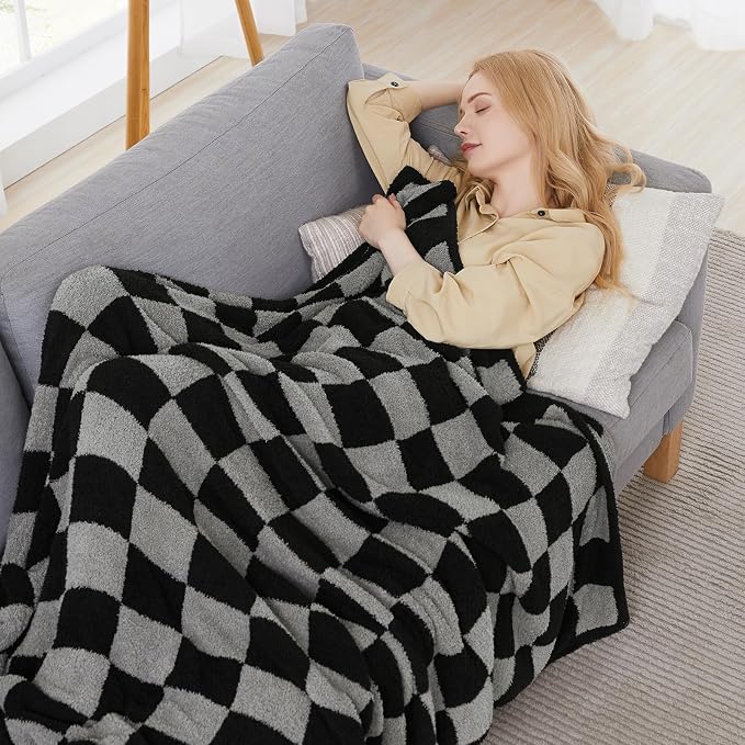 Soft Twin Size Checkered Blanket for Bed-Cozy Knitted Blankets | Lightweight Fluffy Warm Decor for Women, Mom, Her & Girls, Sofa, Chair, Couch, 60x80in, Black Grey