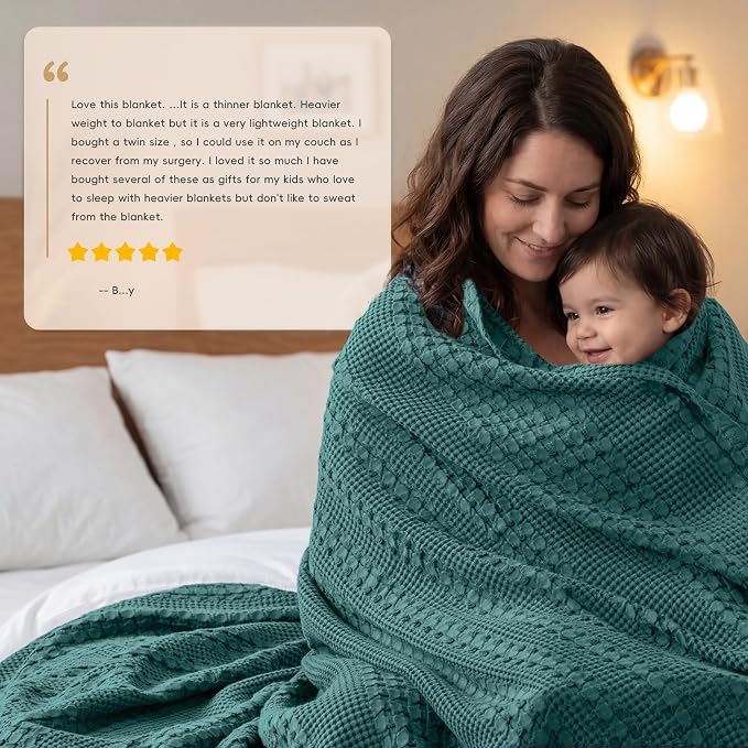 PHF 100% Cotton Waffle Weave Blanket Queen Size, Lightweight Breathable Summer Blanket for Hot Sleepers, Pre-Washed Soft Layer for Bed, Couch, Aesthetic Home Decor & Gift, 90"x90", Teal