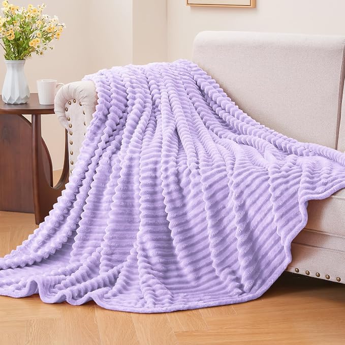 BEDELITE 3D Ribbed Pastel Lilac Fleece Twin Blanket for Bed, 60x80 Inch | Soft Warm Decorative Fluffy Blanket, Cozy Plush Lightweight Fuzzy Throw Blanket for Couch Sofa Room Decor, Gift for Women