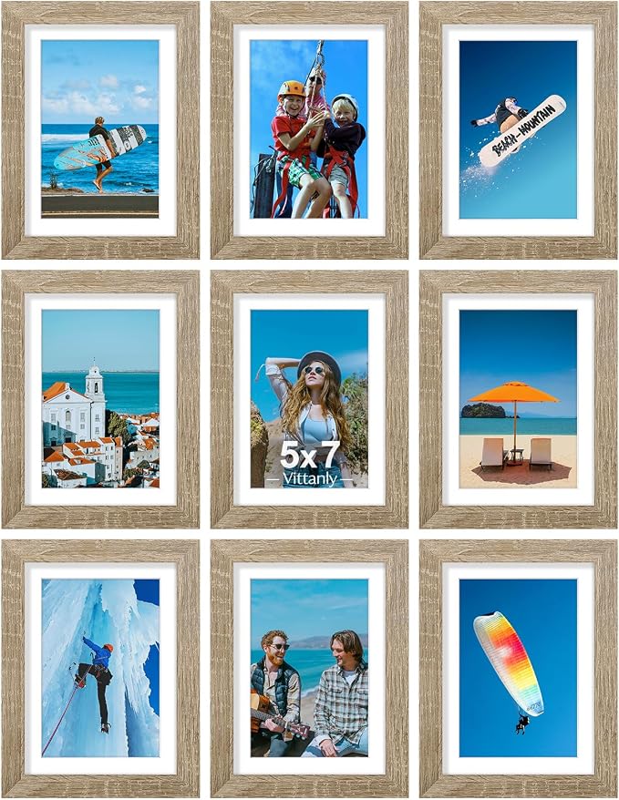 Vittanly 5x7 Picture Frames Set of 9 for Wall Mount & Tabletop, Light Wood | Display Pictures 4x6 with Mat or 5x7 without Mat, Small Photo Frames, Engineered Wood with Shatter Resistant Plexiglass