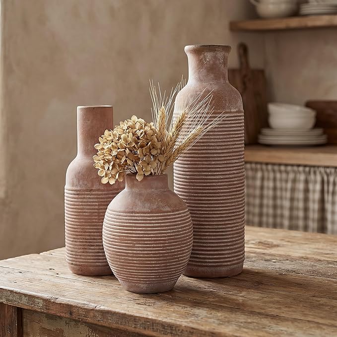 Rustic Farmhouse Vase Set of 3 - Ceramic Decorative Vintage Vases Home Decor - Pampas Grass Dried Fresh Flowers - for Centerpiece, Coffee Table, Mantel Entryway, Living Room, Bedroom (Retro 2)