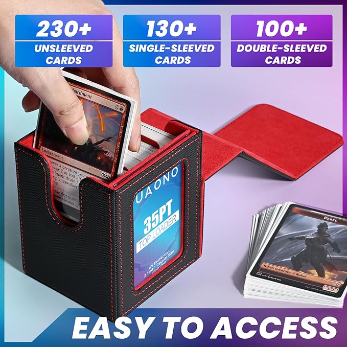 UAONO Card Deck Box with MTG Commander Display, Deck Case Holds 100+ Double-Sleeved Cards, Trading Card Storage Box Fits TCG/PTCG/Sports Card with 2 Dividers, 1 Top Loaders (Black, Red)