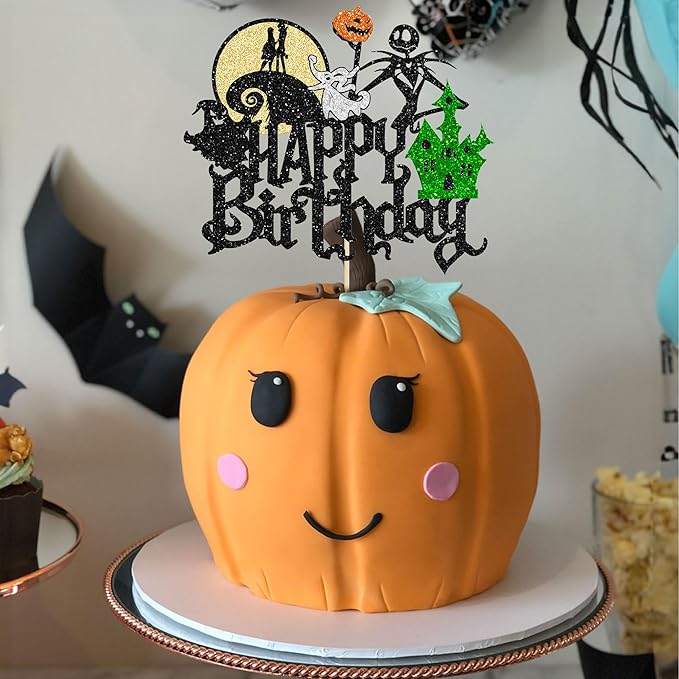 Gyufise 1Pcs Halloween Happy Birthday Cake Topper Glitter Jack and Sally Pumpkin Bat Castle Ghost Cake Pick for Theme Baby Shower Kids Birthday Party Cake Decorations