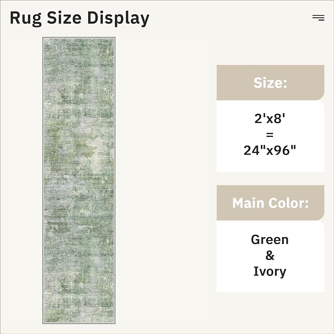 Soalmost Abstract Runner Rug 2x8 Hallway Kitchen Runners Green/Ivory | Vintage Washable Rugs for Bathroom Laundry Room, Low Pile Stain Resistant Floor Carpet Mat Entryway Corridor Bedroom