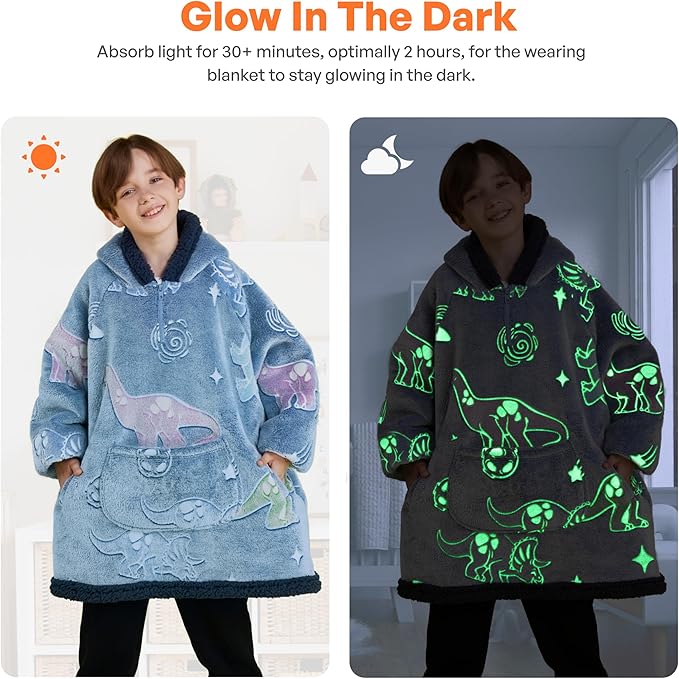 Giggling Getup Glow in The Dark Wearable Blanket Hoodie for Girls and Boys Warm Cozy Sherpa Fleece Hooded Blanket Sweatshirt Oversized Hoodie with Giant Pocket & Sleeves for Kids Blue Dinosaur Glow