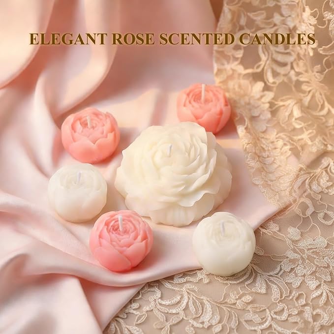 Flower Candles, Rose Peony Scented Floral Candle(White & Pink) | 6-Pack Handmade Aromatherapy for Spa Party Wedding Home Decor