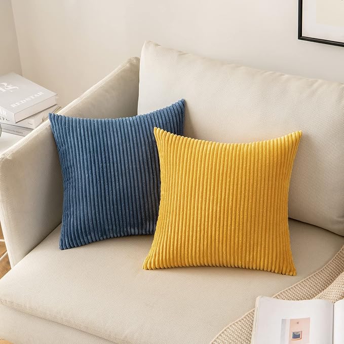 MIULEE Soft Corduroy Throw Pillow Covers Set of 2 16x16 Mustard Yellow | Decorative Striped Textured Cushion Cases, Boho Rustic Square Pillowcases, Home Decor for Couch Chair Sofa Bed Living Room