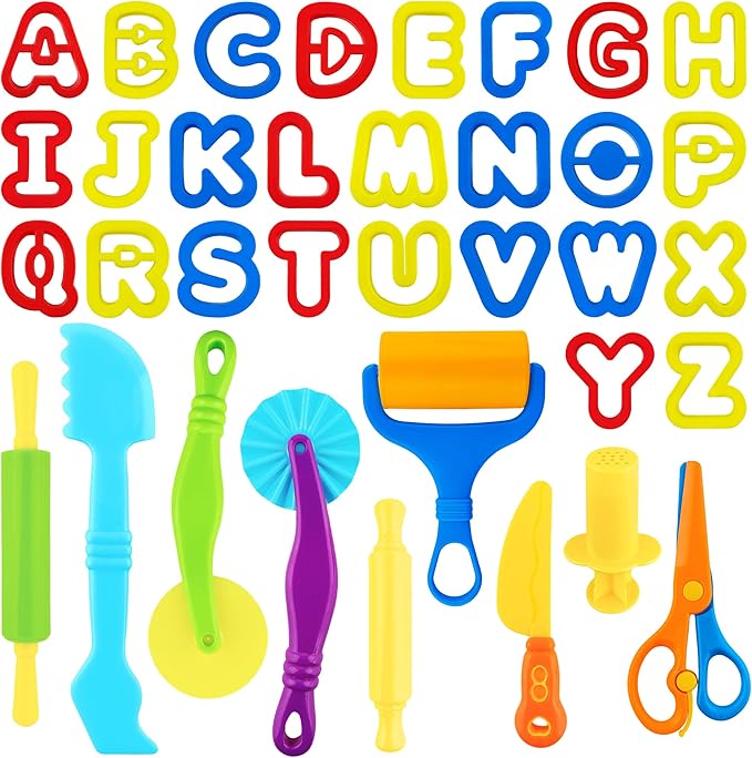 Dough Tools 35pcs Dough Tools Play for Kids Clay Accessories with Rolling Pins,Letter Cutters,Roller,Safety Scissors,Plastic Knife