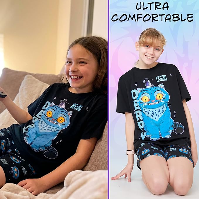 KPop Demon Hunters Officially Licensed 2-Pc Pajamas Set Girls, 5–14 Yrs, Soft PJs Lounge Set T Shirt Shorts, Gifts for Girls