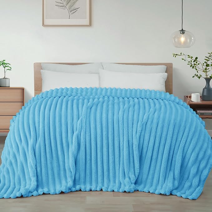 Exclusivo Mezcla Striped Queen Size Fleece Blanket for Bed, Couch, 90"x90" | Soft Breathable Cozy Bed Blankets, Lightweight Plush Fluffy Fuzzy Jacquard Decorative Blankets