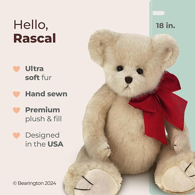 Bearington Rascal, 18 Inch White Teddy Bear Stuffed Animal, Makes a Great Gift for Birthday, Anniversary, Holiday, or Graduation - Stuffed Bear Animal Toy