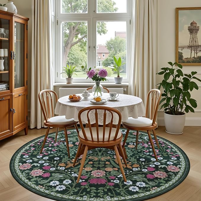 Round Area Rug for Living Room: 6 ft Floral Washable Circle Rug Soft Boho Non-Slip Carpet Indoor Stain Resistant Low Pile Small Circular Rug for Bedroom Entryway Kitchen Nursery Home Office Dark Green