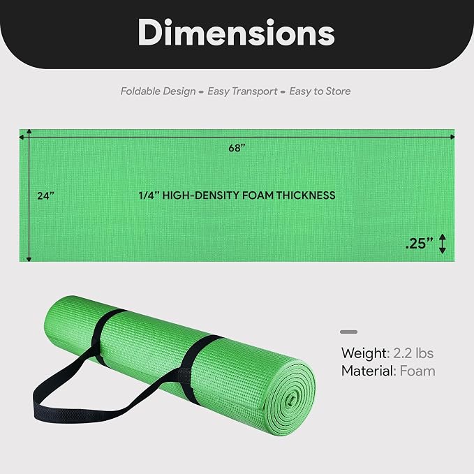 Fitvids All Purpose 1/4-Inch High Density Anti-Tear Exercise Yoga Mat with Carrying Strap, Multiple Colors