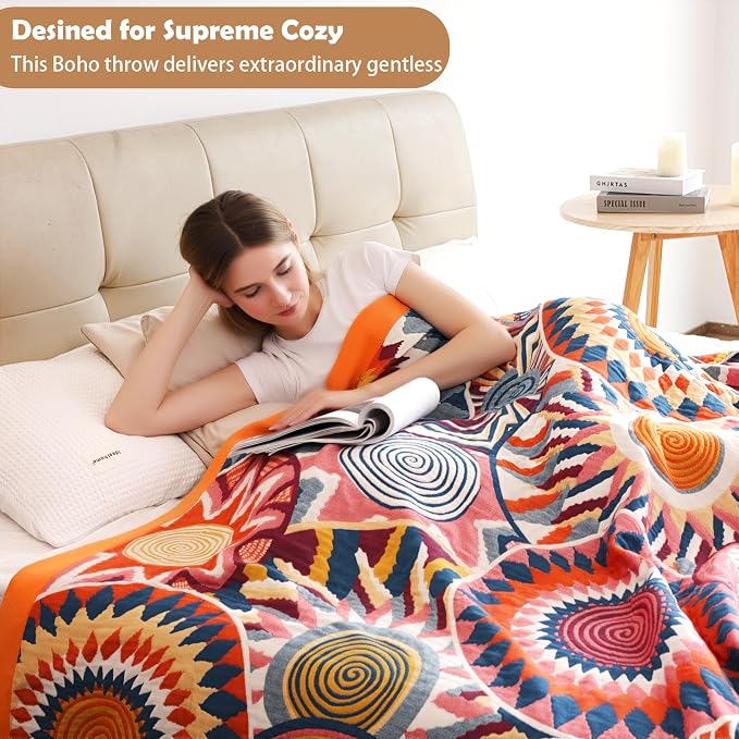 VANJOROY Boho Throw Blanket, 100% Organic Muslin Cotton Skin-Friendly Breathable Ultra Soft Bed Quilt Throw - All Season Decor Colorful Blanket for Sofa Couch Chair and Gift. 91" x 108"