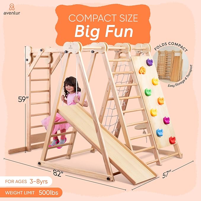 Avenlur 8-in-1 Indoor Play Gym – Toddler Jungle Gym for Kids Ages 2–6 – Indoor Playground Wooden Climbing Playset with Slide, Monkey Bars, Ladder, Rope Ladder, Rock Climbing, Swing, Rings, Disc Swing