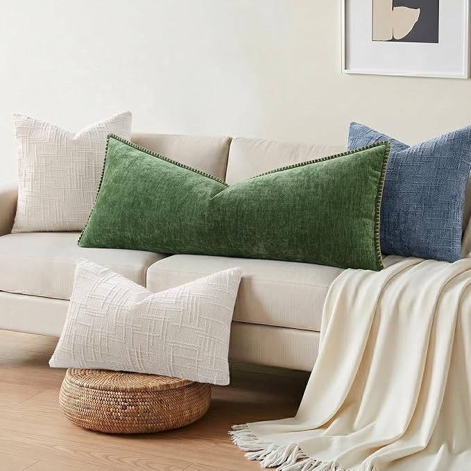 decorUhome Soft Chenille Throw Pillow Covers 14x36 Pack of 1 Forest Green | Fall Textured Decorative Throw Pillow Cases Stitched Edge Modern Farmhouse Luxury Boho Velvet for Couch Sofa Bed Home Decor