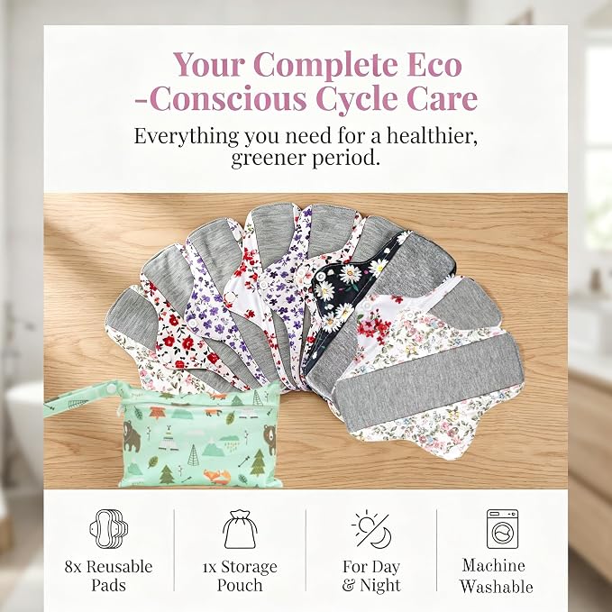 Reusable Sanitary Pads,Reusable Panty Liners,Soft Cloth Menstrual,8 Pack with 1 Cloth Wet Bag for Heavy Flow