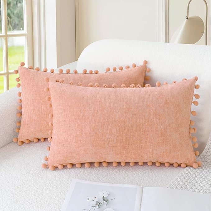 CaliTime Decorative Couch Throw Pillow Covers 20 X 12 Inches Dusty Pink | Pack of 2, Cozy Chenille Cushion Cases, with Pom Poms for Sofa Bed Living Room Farmhouse Home
