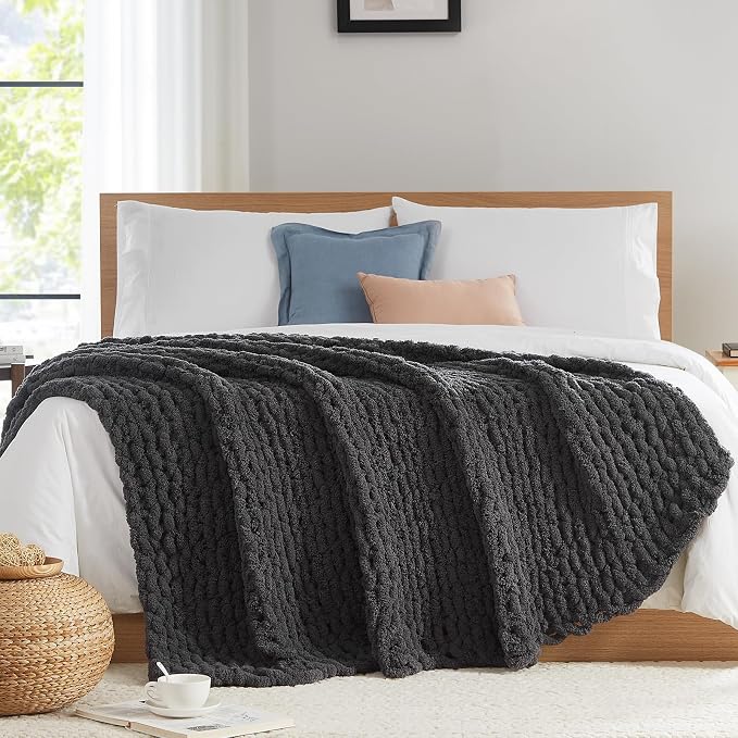 L'AGRATY Chunky Knit Throw Blanket for Couch, 72 x 84 Inches, Dark Grey | Handmade Chenille Crochet Blanket for Sofa Bed, Thick Cable Knitted Blankets for Room Home Decor, Birthday Gift for Women Mom