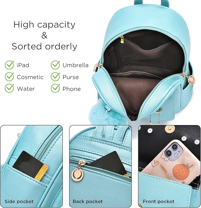 I IHAYNER Girls Fashion Backpack Mini Backpack Purse for Women Teenage Girls Purses PU Leather Pompom Backpack Shoulder Bag