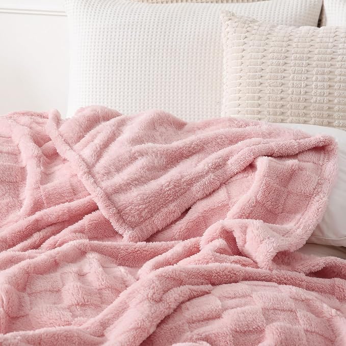 Light Pink Fleece Throw Blanket 60”×80”Checkered Design for Couch | Super Soft Cozy Plush Microfiber 3D Square Pattern Flannel Blanket for Sofa Bed Lightweight for Adults,Women