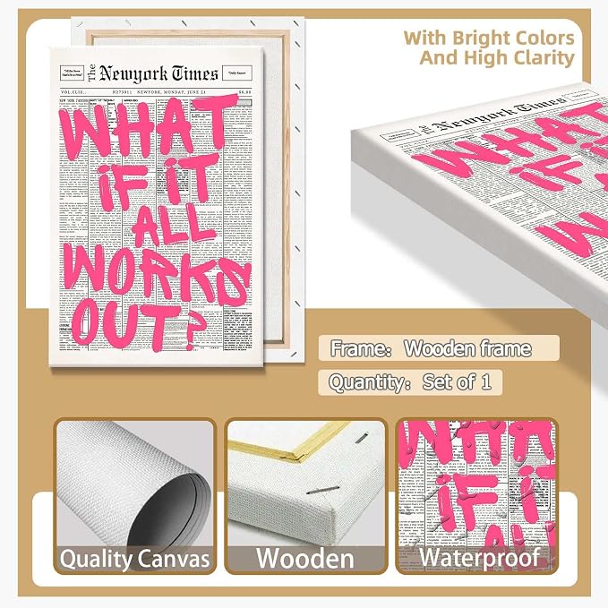 Drimiler Retro Newspaper Pink Font Poster What If It All Works Out Canvas Wall Art Positive Affirming Quote Minimalist Prints Painting For Home Bedroom Dorm Wall Decor 8x12in Wframed