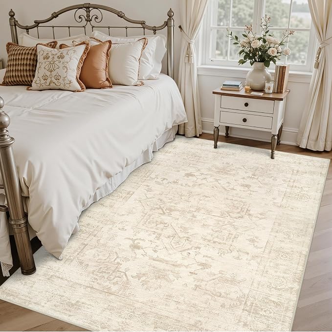 4x6 Area Rugs for Living Room: Vintage Boho Neutral Washable Rug Indoor Soft Large Area Rug Carpet for Bedroom Nursery Farmhouse Dining Room Office Floor Non-Slip Low Pile Under Table Rug Beige/Brown