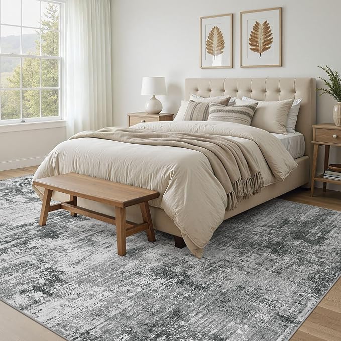 UERMEI 10x14 Area Rug for Living Room - Washable Neutral Modern Abstract Carpet, Non-Slip Soft Large Indoor Floor Rugs for Bedroom Home Office & Under Dining Table Decor, Grey Black