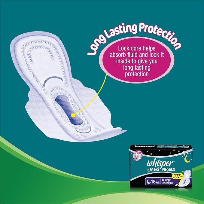 Whisper Maxi Nights Sanitary Pads for Women, XL, Pack of 15 Napkins