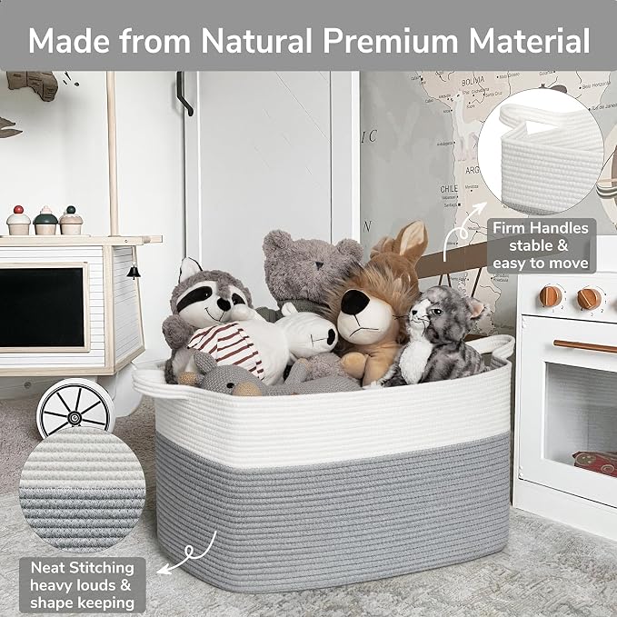 Goodpick Large Woven Rope Blanket Basket, Rectangle, White Gray | 21.6'' x 14.9'' x 11.8'' Storage Basket for Toys, Blankets & Clothes, Nursery & Bedroom Organization, Reinforced Handles