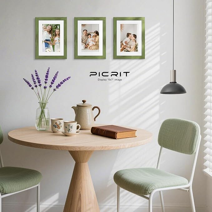 Picrit 5x7 Picture Frame Set of 12, Display 4x6 with Mat or 5x7 without Mat, Photo Frames for Wall Mounting or Table Top Display, Green Wood Grain