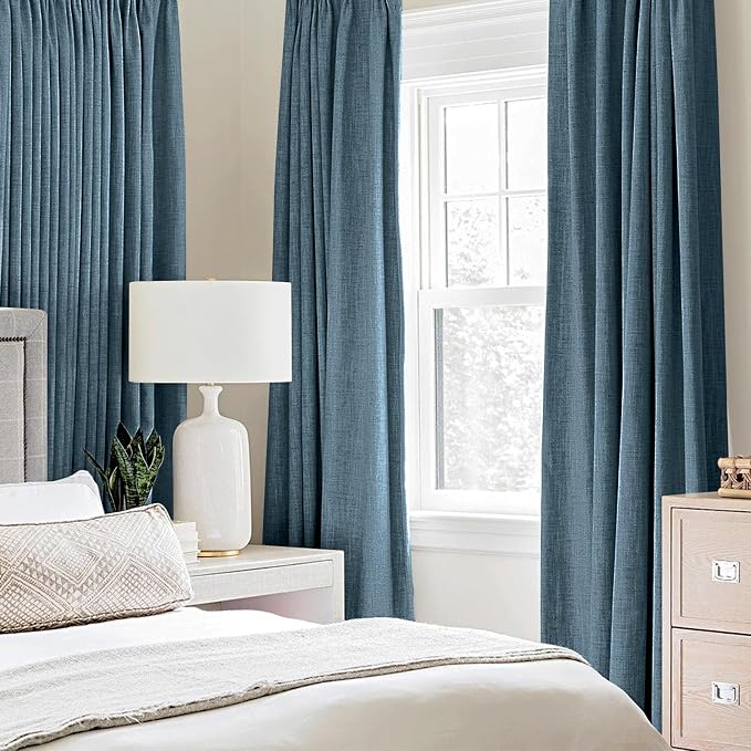MIULEE Linen Texture Curtains for Bedroom Solid 100% Blackout Thermal Insulated Dusty Blue Curtains Grommet Room Darkening Drapes Luxury Decor for Living Room 52x96 Inch (2 Panels)