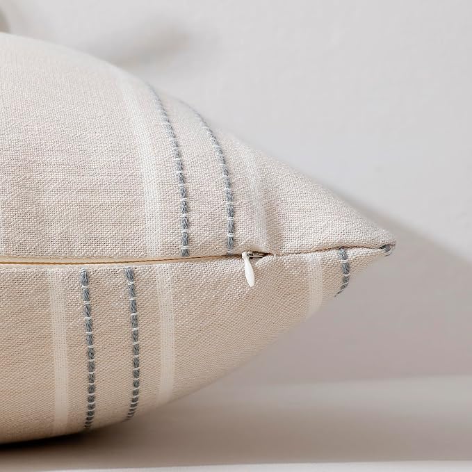 Hckot Grey Decorative Throw Pillow Covers 22x22 Set of 2 Boho Pillow Covers | Striped Farmhouse Pillows Textured Linen Square Cushion Covers for Sofa Couch Bed Living Room Decor(Light Grey)