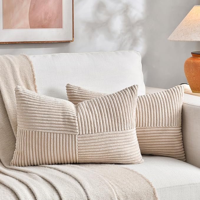 Fancy Homi 2 Packs Tan Long Lumbar Decorative Throw Pillow Covers 12x24 Inch for Couch Bed Sofa, Rustic Farmhouse Boho Home Decor, Soft Striped Corduroy Rectangle Accent Beige Cushion Case 30x60 cm
