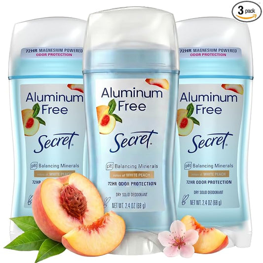 Secret Aluminum Free Deodorant | White Peach Scent | 2.4 oz (Pack Of 3) | Invisible Solid Deodorant for Women, 72hr Magnesium Powder Odor Protection, Free of Parabens, pH Balancing Minerals