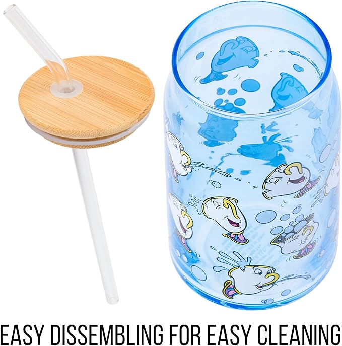 Silver Buffalo Disney Beauty and the Beast Featuring Chip Teacup Blue Glass Jar Tumbler with Bamboo Lid and Glass Straw, 16 Ounces