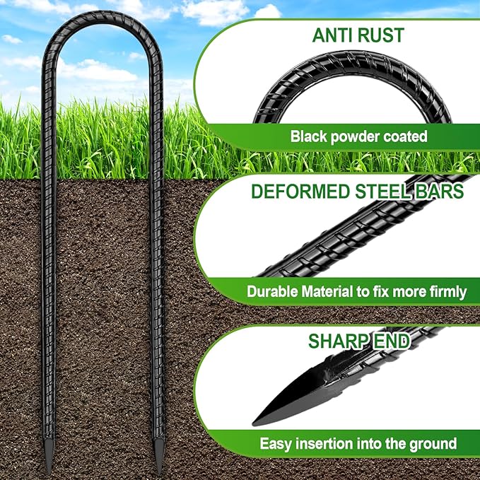 Trampoline Stakes Anchors High Wind 12''Ground Anchor Tent Stakes Heavy Duty, U Rebar Stakes Trampoline Accessories