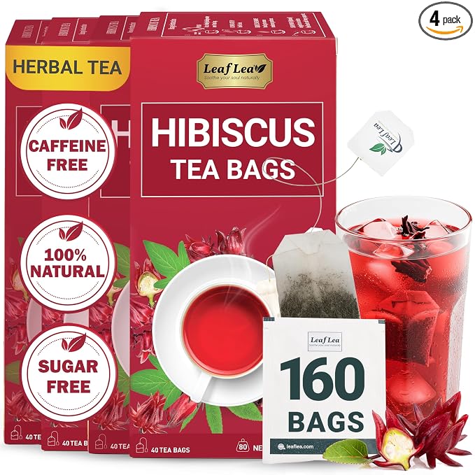 LeafLea Hibiscus Tea Bags, 100% Natural Flower, 160 Count | Te De Hibisco, Jamaica Tea, Individually Wrapped, Caffeine-Free, Sugar-Free, Gluten-Free, Non-GMO, Pack Of 4